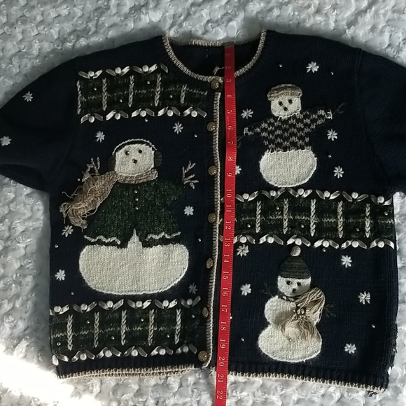 Vintage Holiday Christmas Embroidered Snowman Blue Button Down Sweater - Picture 6 of 7